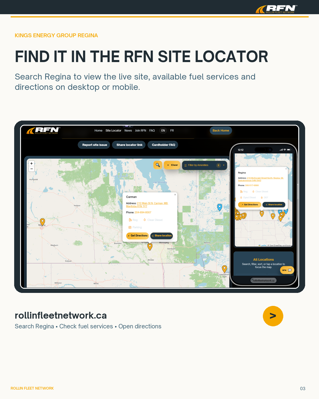 Localisateur de sites RFN montrant Kings Energy Group Regina sur ordinateur et mobile