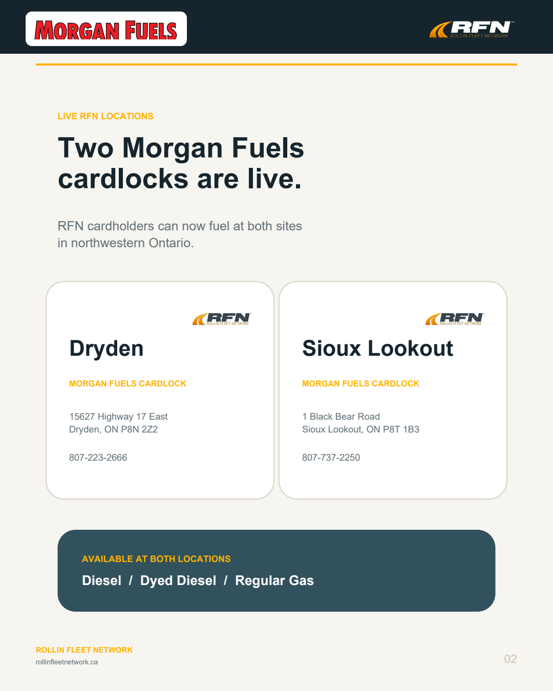 Détails des sites Morgan Fuels de Dryden et Sioux Lookout et produits disponibles